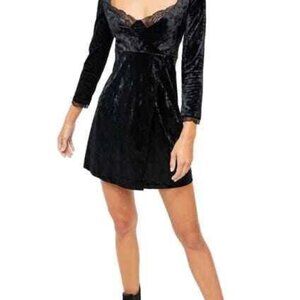 NWT Free People Kat Black Wrap Long Sleeve Mini Dress XS Velvet Faux Backless